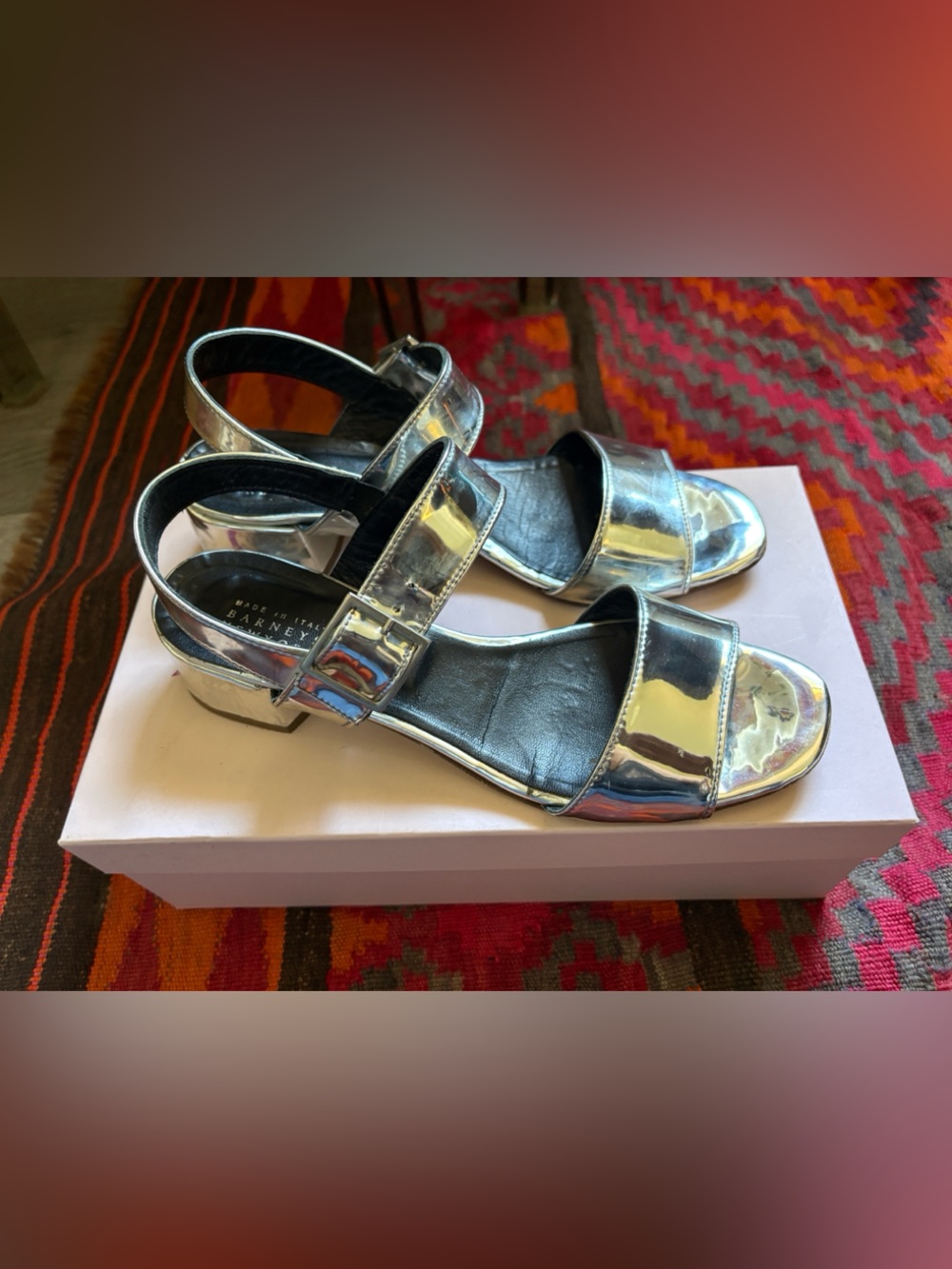 Barneys New York Silver Metallic Buckle Strap Sandals